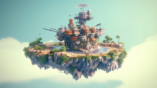 玩具堡背景图片_飞行岛上的枪支 3D 渲染，用于防御迷人的城堡