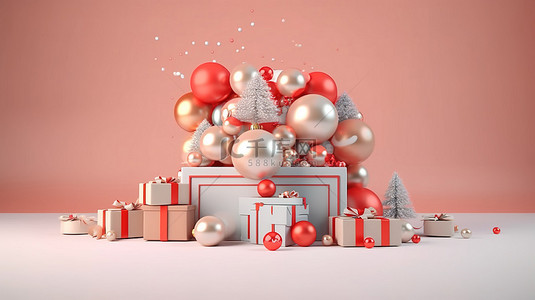圣诞节主题 3D 渲染元素充满活力的横幅，上面写着“圣诞快乐，新年快乐”的祝福