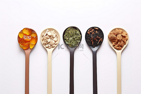 凉茶火锅背景图片_装有不同种类维生素的棕色玻璃勺子凉茶和听诊器