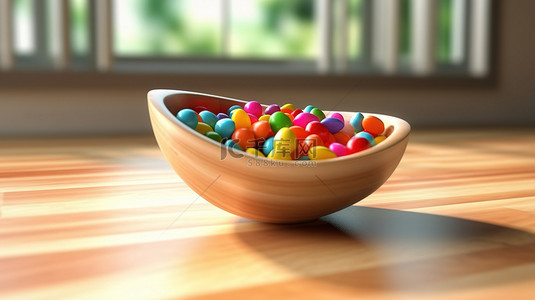 彩虹色装饰背景图片_白色瓷碗和木板的 3D 插图，上面装饰着彩虹色的果冻豆，层叠而下