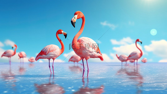 插画海滩背景图片_异国情调的热带鸟类角色 3D 插图，粉红色火烈鸟凝视前方