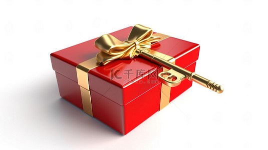 3d 渲染红色礼品盒，白色背景上带有金色发条钥匙