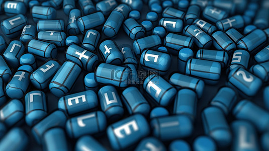 在特写镜头中，深蓝色背景上紧密排列着许多光滑的 3D linkedin 药丸
