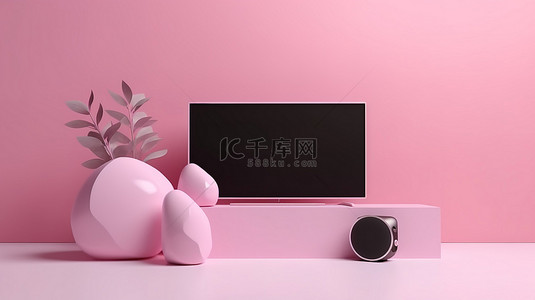 新媒体互联网背景图片_极简主义卡通电视在粉红色柔和的背景下播放，具有无线媒体连接和 3d 渲染中的互联网连接