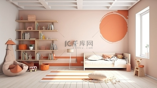 高清墙背景图片_儿童卧室的现代内饰，采用简约设计和 3D 渲染的空白白墙
