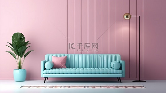 充满活力的客厅的 3D 渲染，配有色彩鲜艳的墙壁沙发和灯