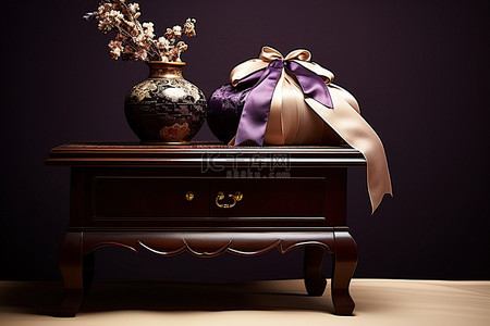 棕色桌子背景图片_木架上的花瓶，上面有金色的礼物