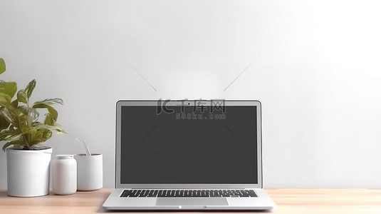 3D 渲染工作台，配有笔记本电脑模型和用于蒙太奇的白墙空白屏幕