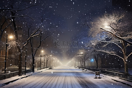 夜晚的雪背景图片_夜晚的城市，街道上树木和雪纷纷落下