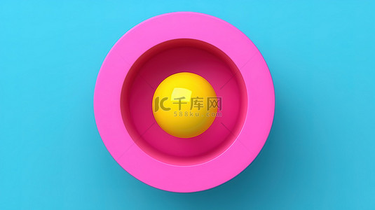 蓝色背景下从粉红色光圈中出现的简约黄色球的 3D 渲染
