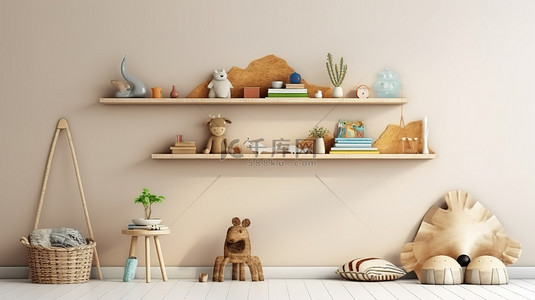 孩子白线背景图片_简约的儿童房，配有壁挂式书架和玩具，采用 3D 渲染的斯堪的纳维亚室内设计