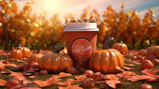 秋季主题 3D 插图，展示了装饰着南瓜的塑料咖啡杯和问候语“嗨，秋天”