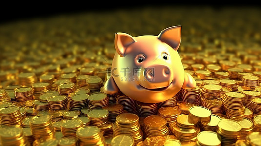 一堆比特币顶上的猪的 3D 插图