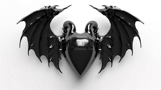 黑色浪漫背景图片_孤立的白色背景，具有魔鬼翅膀 3d 黑色乳胶心形渲染