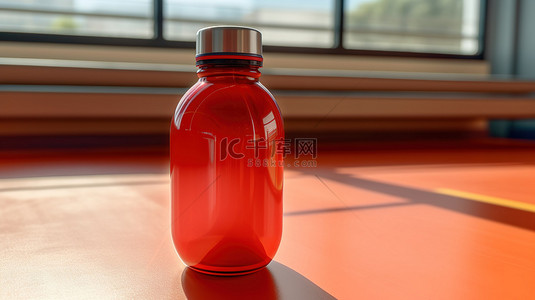 有水的桌子背景图片_复古照片，桌上有一个红色塑料运动水瓶，以 3D 渲染