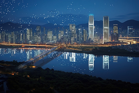 韩国一座灯火通明的城市的夜晚场景