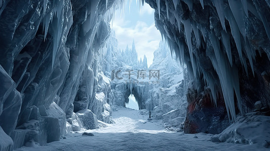 雄伟的冰雪洞穴，装饰着使用 3D 技术创建的冰柱