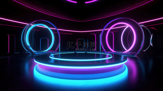 体验日背景图片_霓虹灯抽象宇宙的 3d 渲染一个带环和圆圈的圆形门户，创造虚拟现实体验