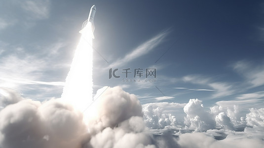 科学火箭背景图片_多云在 3d 渲染中发射白色火箭