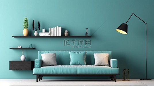 家居背景蓝色背景图片_时尚简约的客厅设计蓝色沙发落地灯和 3D 模型中的架子