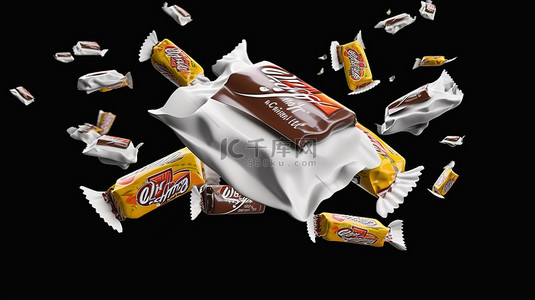 棒香背景图片_带有飞行糖果包装纸的白色聚乙烯零食棒包装的 3D 插图