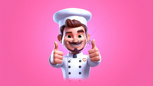 可爱的厨师面包师或咖啡师在 3D 渲染中在粉红色背景上竖起大拇指餐厅厨师吉祥物