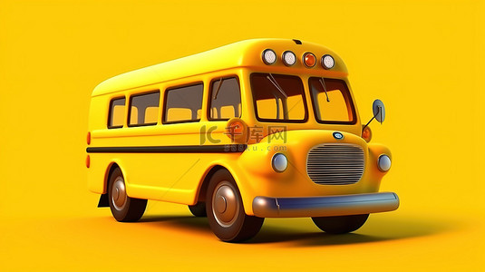 3D 渲染的卡通校车在匹配的背景下充满活力的黄色色调