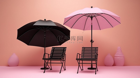 粉红色背景以令人惊叹的 3D 渲染展示户外椅子和雨伞