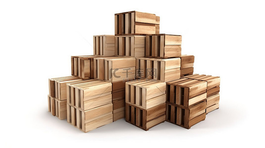 白色木板背景背景图片_从独特的角度在白色背景下 3D 渲染的木箱堆