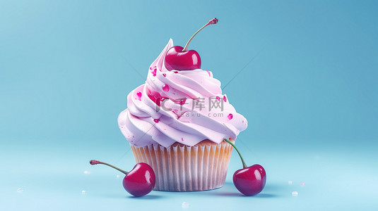 樱桃冰淇淋背景图片_粉红色圣代冰淇淋纸杯蛋糕的高架 3D 渲染，上面饰有樱桃，蓝色背景，采用引人注目的双色调风格