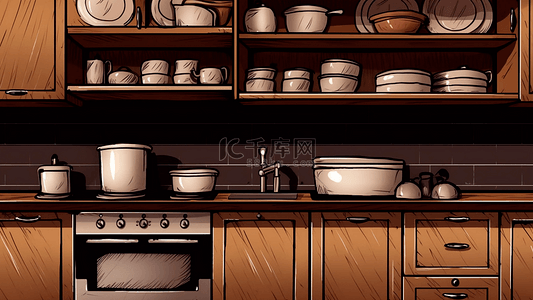 卡通灶台背景图片_厨房褐色木柜白碗卡通