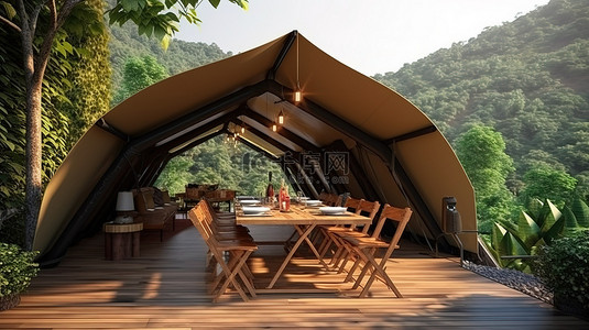 漂亮风景背景图片_质朴的木屋的 3D 插图，配有帐篷屋顶和风景优美的自然背景，适合户外用餐