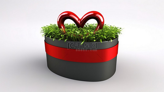 心和心背景图片_3d 渲染白色背景花盆，绿草心和红丝带