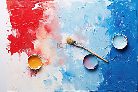 画画布油漆刷油漆和画笔蓝色和红色