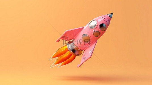 粉色卡通火箭宇宙飞船在橙色背景下翱翔的 3D 插图，具有充足的复制空间