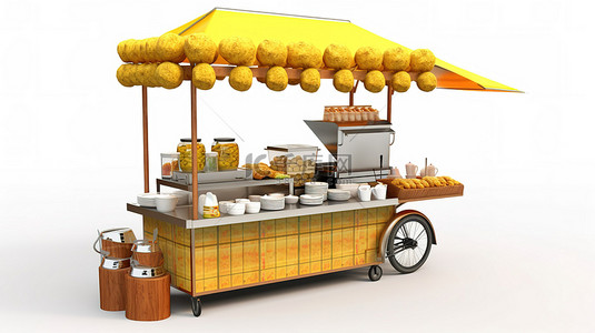 美味面背景图片_亚洲购物车的 3D 渲染，在白色背景上出售美味的肉丸面，配有椅子