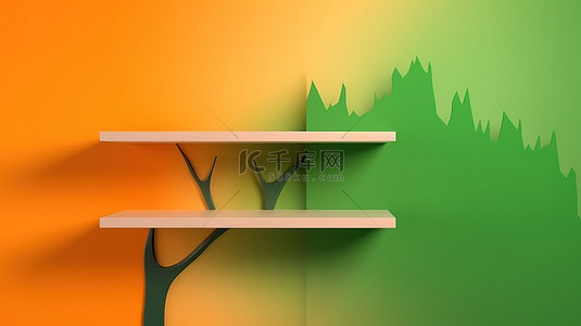安装在墙上的 3d 架子在绿色和橙色背景下投射树影 3d 渲染插图中的夏季产品模型背景