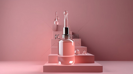 化妆品滴管瓶子背景图片_粉红色背景上的水滴模型的 3D 渲染，配有玻璃瓶护肤血清，配有滴管和楼梯讲台