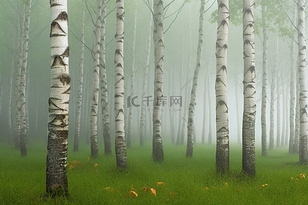 白桦林背景背景图片_雾中的高大白桦林的照片