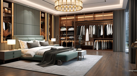 现代豪华卧室配有步入式衣柜珠宝装饰和灰色色调的家具，采用令人惊叹的 3D 渲染图像