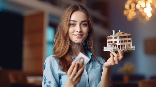 女商人背景图片_女房地产经纪人持有现金和房屋可爱版微型模型