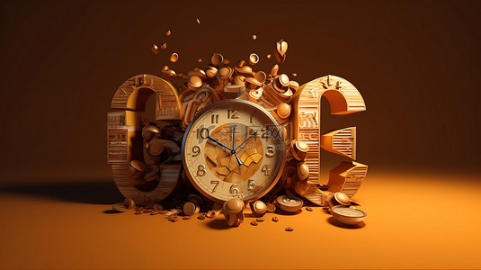 文字时间排版背景图片_棕色背景上咖啡时间的 3D 排版