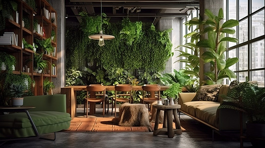 家庭或咖啡店中带有室内花园的生活空间的 3D 渲染