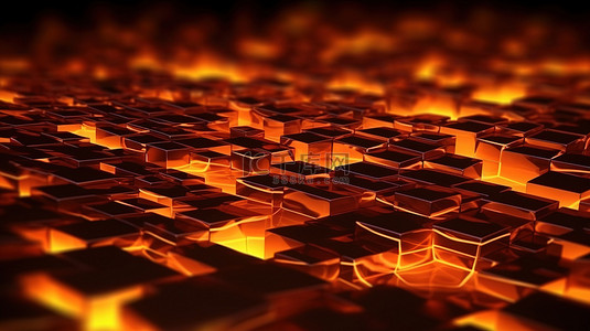 抽象橙色背景中火热的几何形状 3D 渲染