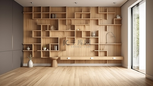 时尚的工作空间，配有墙壁装饰和木地板上的内置书架 3D 渲染
