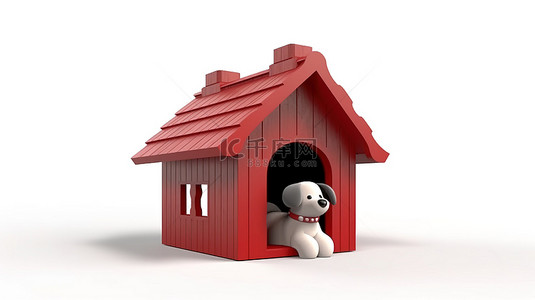 卡通狗屋的 3D 渲染，由木头制成，具有红色屋顶，并装饰有白色背景上的小狗标志