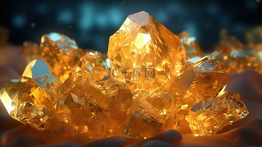 珍贵矿山的 3D 渲染，包含一组黄金水晶宝石
