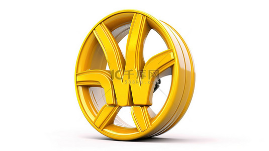 光滑的金属 3D 字体，具有光泽的黄色饰面和白色背景上的大写“w”
