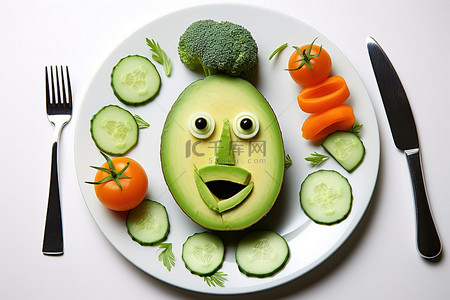 食蔬菜背景图片_电话鳄梨胡萝卜和蔬菜放在盘子里