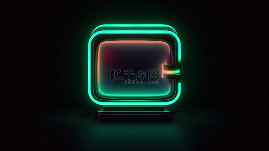 霓虹灯 ui ux 元素中发光的老式电视图标，带有 3d 渲染黑暗符号
